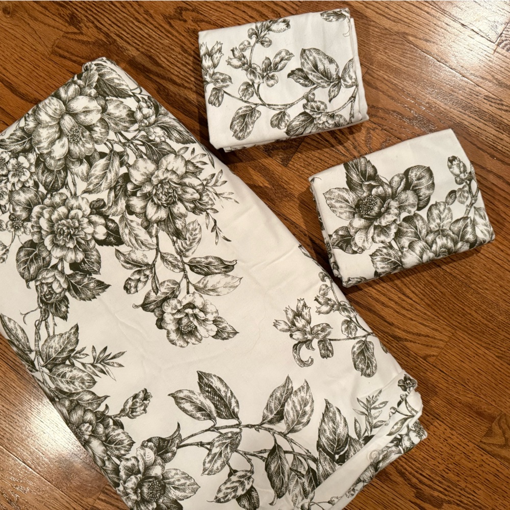 Garnet Hill Queen Green Toile Floral Flannel Duvet & 2 Shams NEW NEVER USED